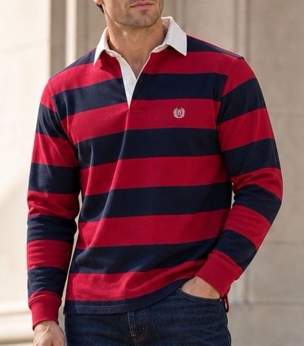 🔥Vtg CHAPS RALPH LAUREN Men’s LG Long Sleeve Rugby Polo Shirt Red Navy Striped